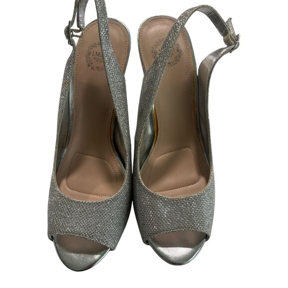 Silver Glitter Peep Toe Slingback Stiletto Heels 9M Fabric Upper Bonded Leather - Picture 6 of 7